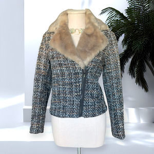 THAKOON Wool Blend Tweed Pattern Fur Trim Notch Collar Zip Jacket Coat Sz 8 Blue